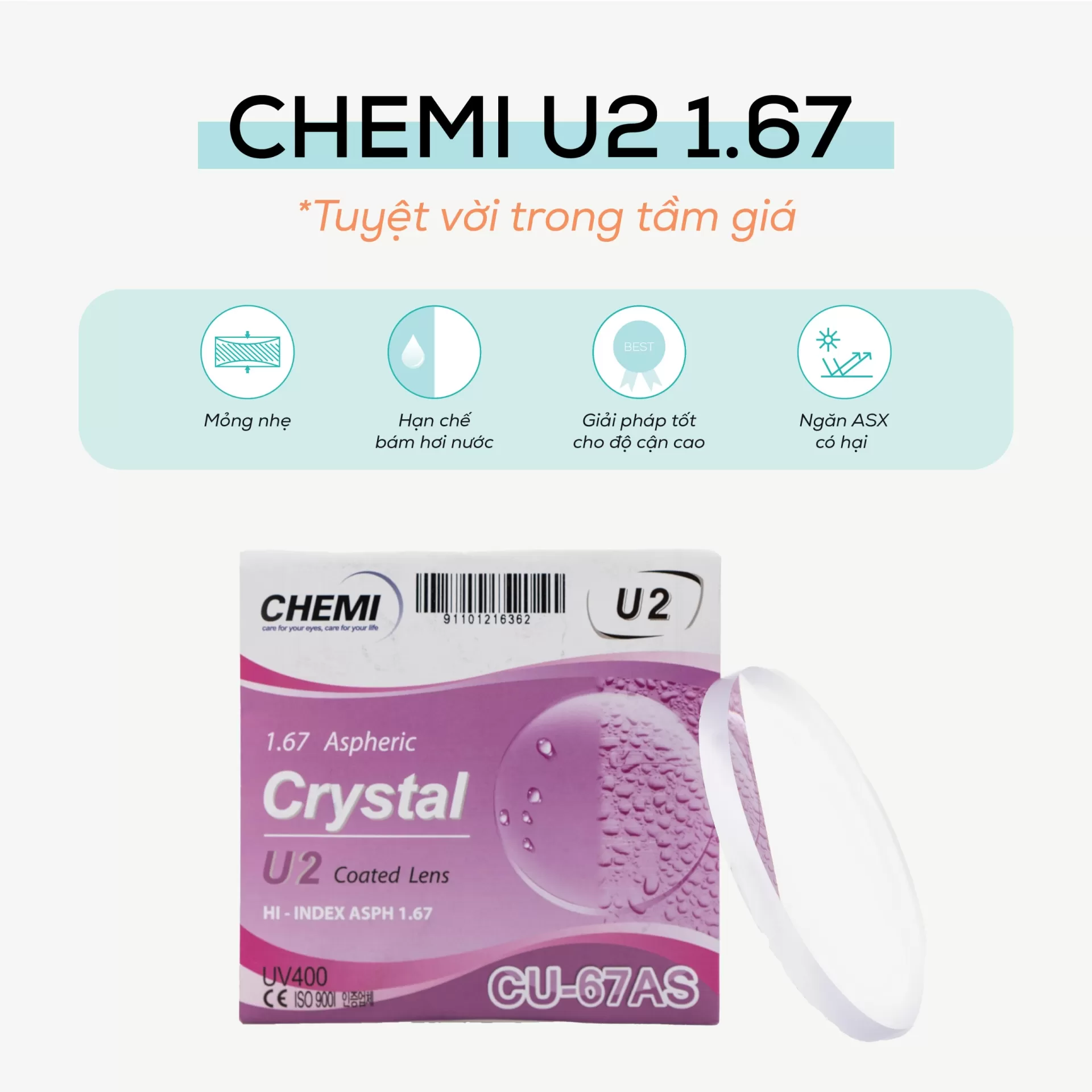 Tròng kính Chemi U2 Chiết suất 1.67